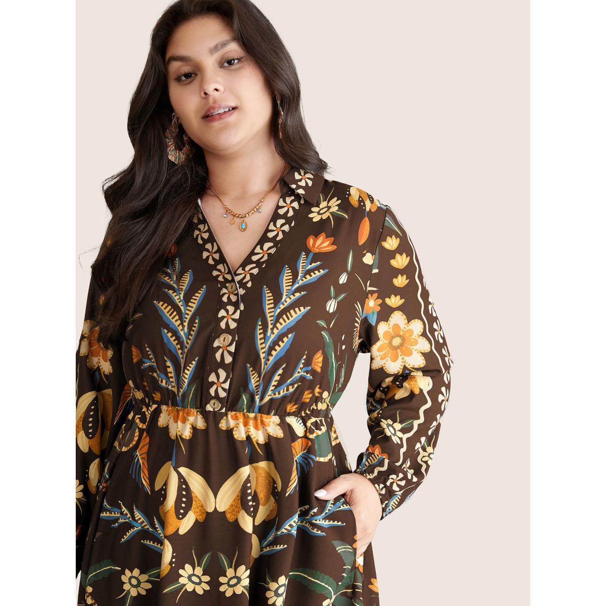 Plus Size Bandana Print Pocket Lapel Collar Elastic Cuffs Dress DarkBrown Women Resort Non V-neck Long Sleeve Curvy Midi Dress BloomChic 18-20/2X Product Image