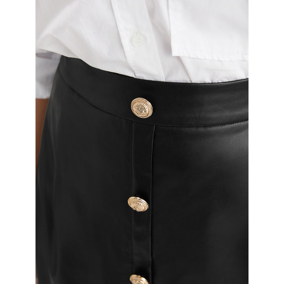 Plus Size PU Leather Button Detail Skirt Women Black Glamour Button Low stretch Going out Skirts BloomChic 26/4X Product Image