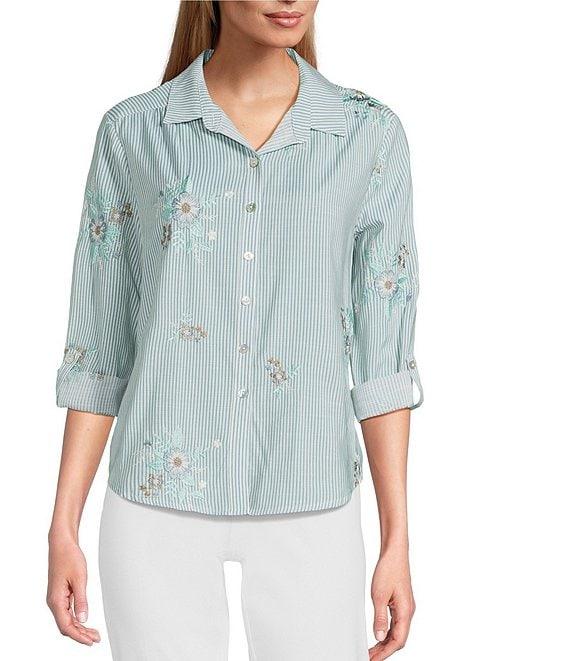 Multiples Petite Size Slub Crinkle Embroidered Stripe Point Collar Long Roll-Tab Sleeve Button Front Shirt Product Image