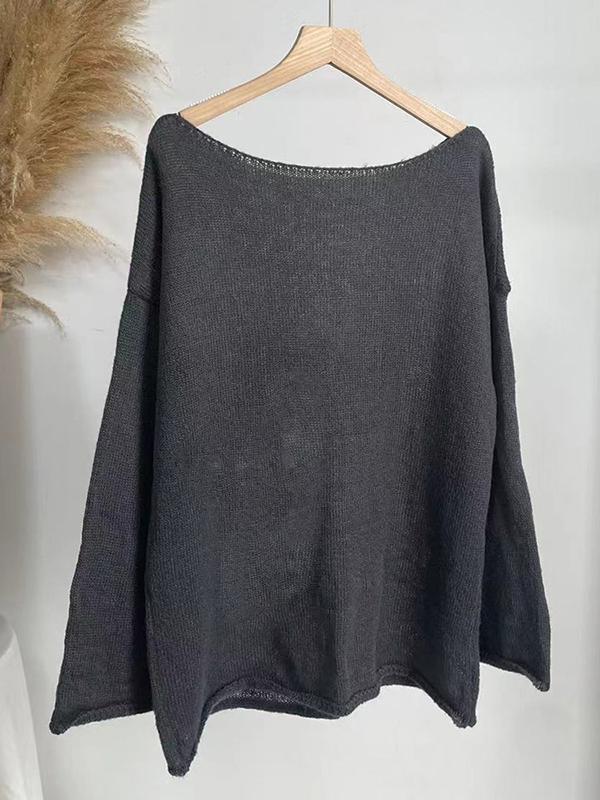 Long Sleeves Loose See-Through Solid Color Split-Joint Round-Neck Sweater Tops Product Image