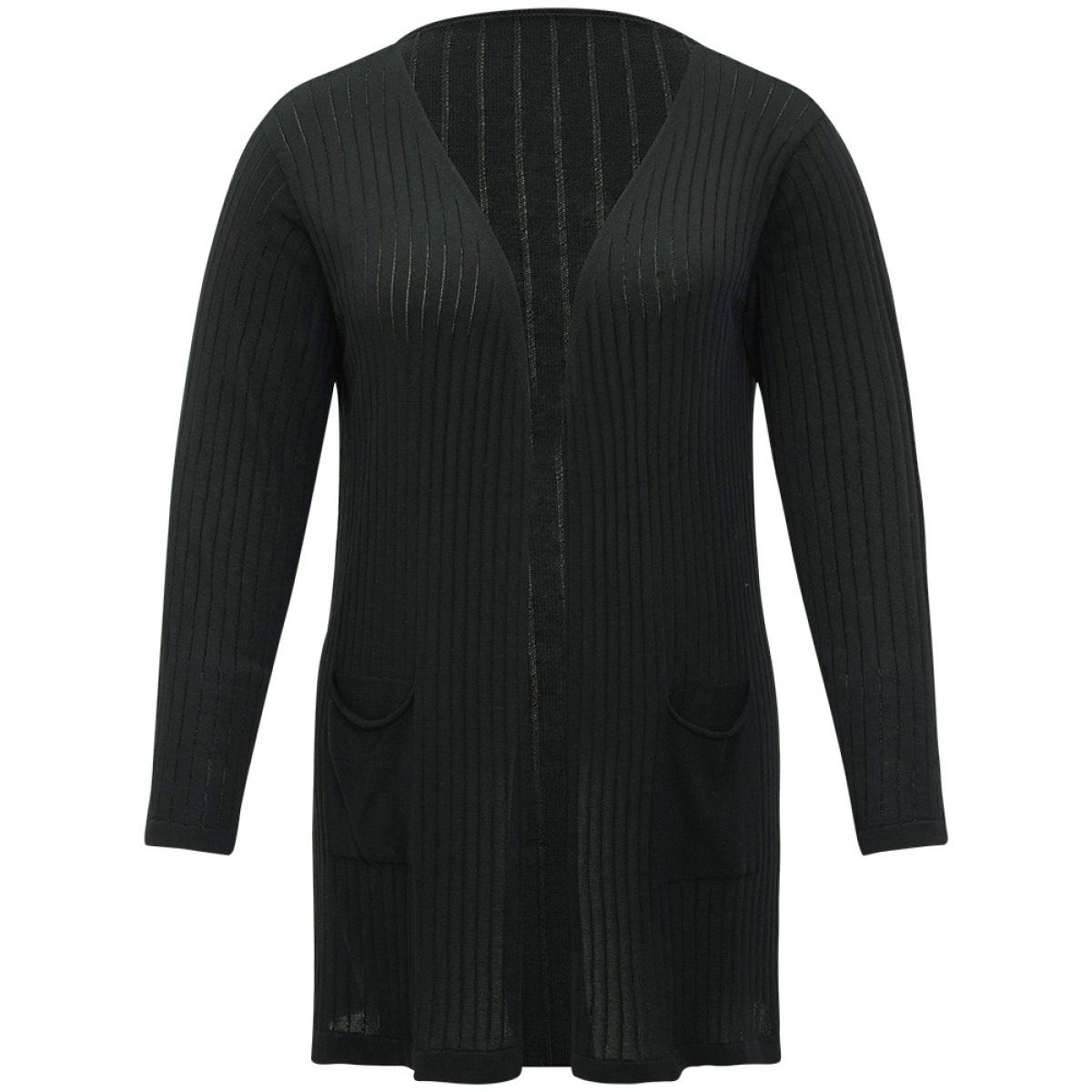 Plus Size Solid Rib Knit Pocket Lightweight Tunic Cardigan Black Women Basics Loose Long Sleeve Everyday Cardigans BloomChic 10/M Product Image