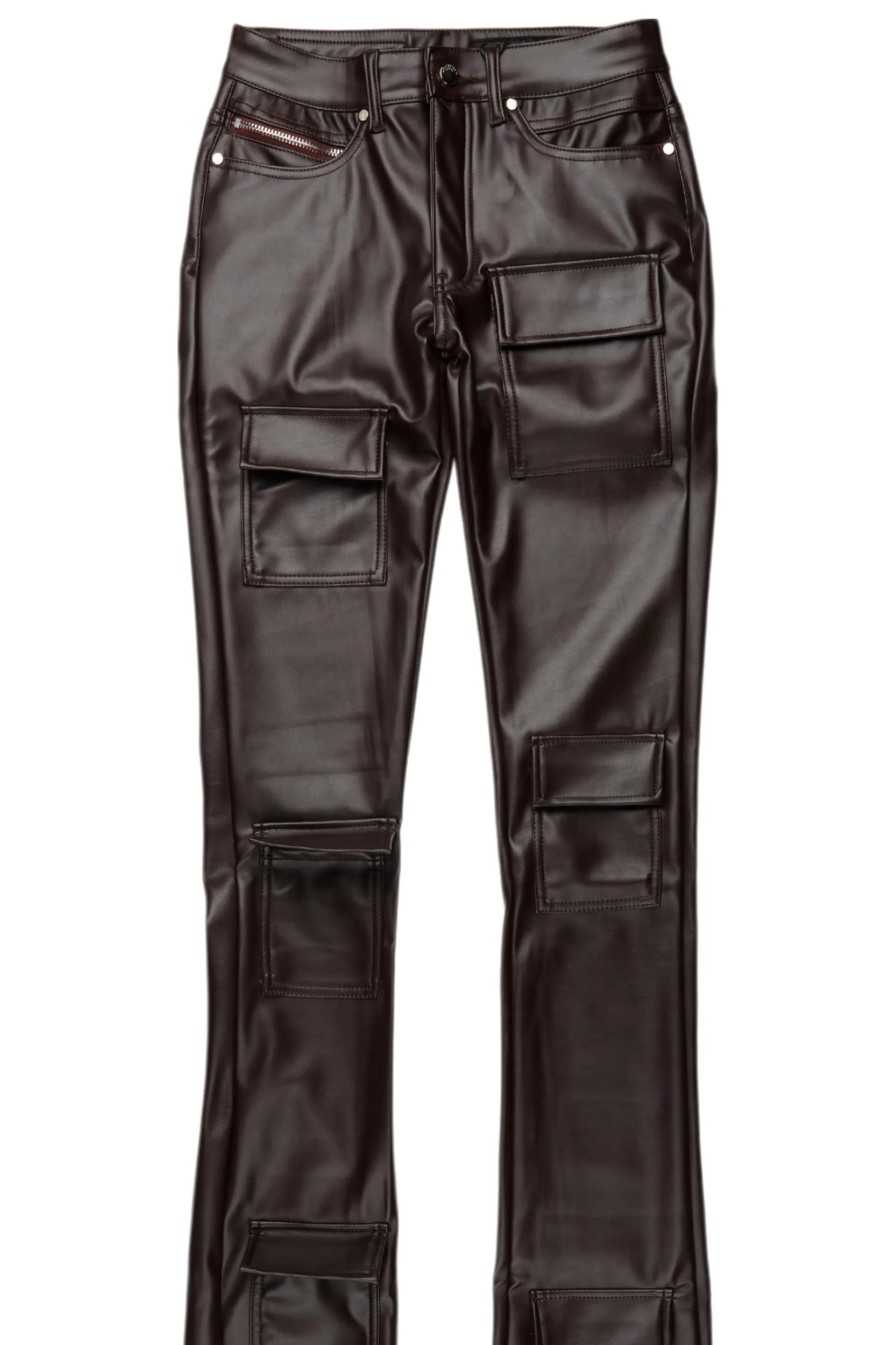 Petrus Brown PU Stacked Flare Leather Jean Male Product Image