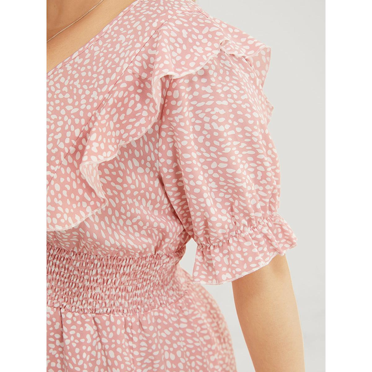 Plus Size Leopard Ruffle Trim Pocket Shirred Puff Sleeve Dress DustyPink Women Elegant Lined V-neck Short sleeve Curvy Midi Dress BloomChic 26/4X Product Image