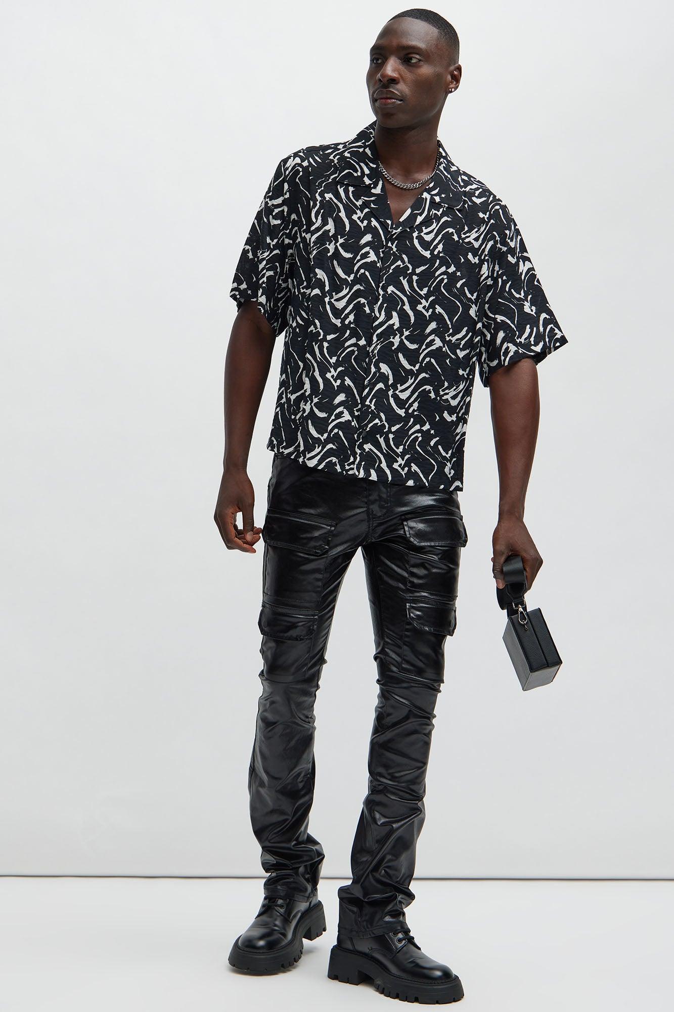 Came To Party Slim Cargo Flare Waxed Pants - Black Product Image
