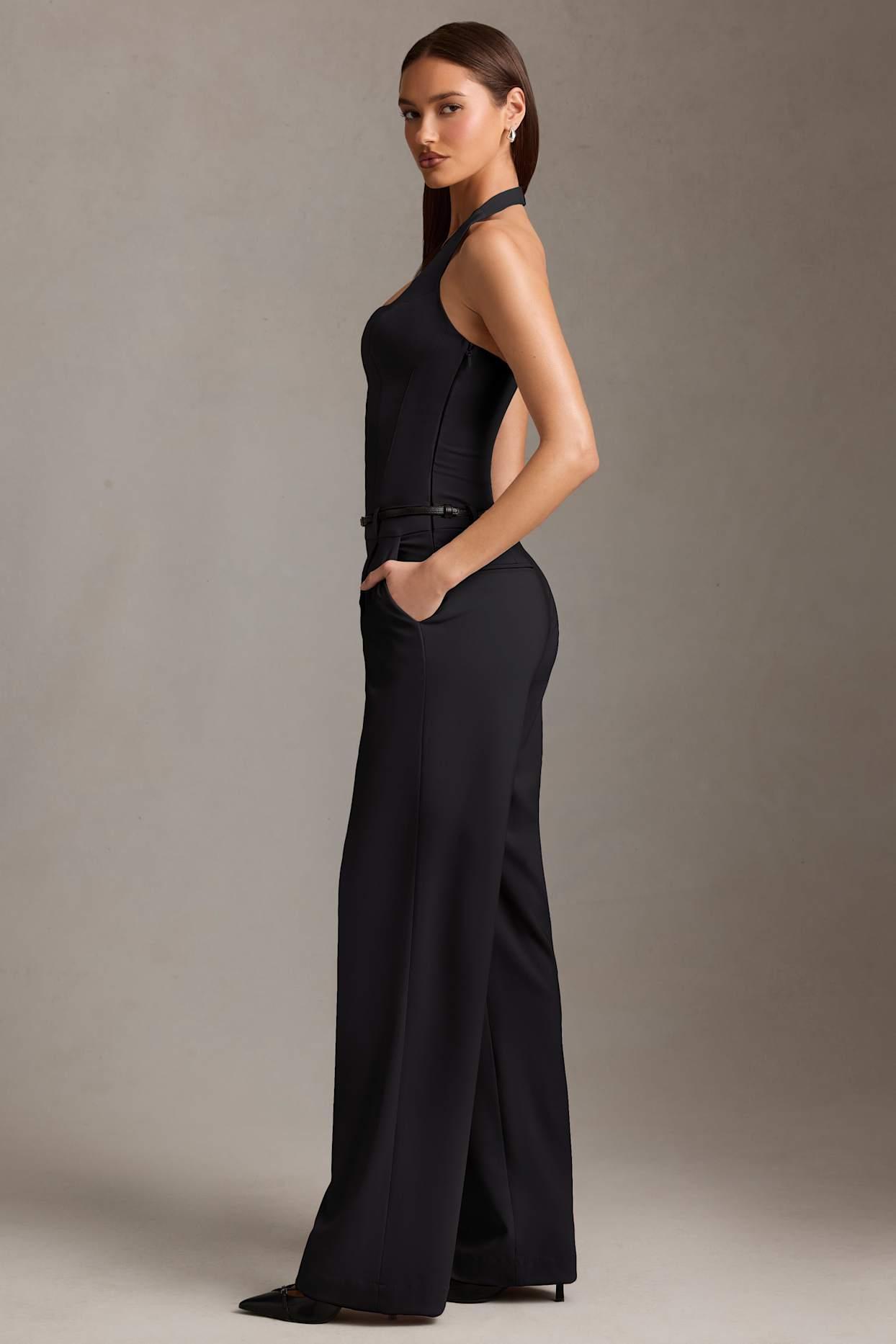 Corset-Detail Halterneck Jumpsuit in Black Product Image