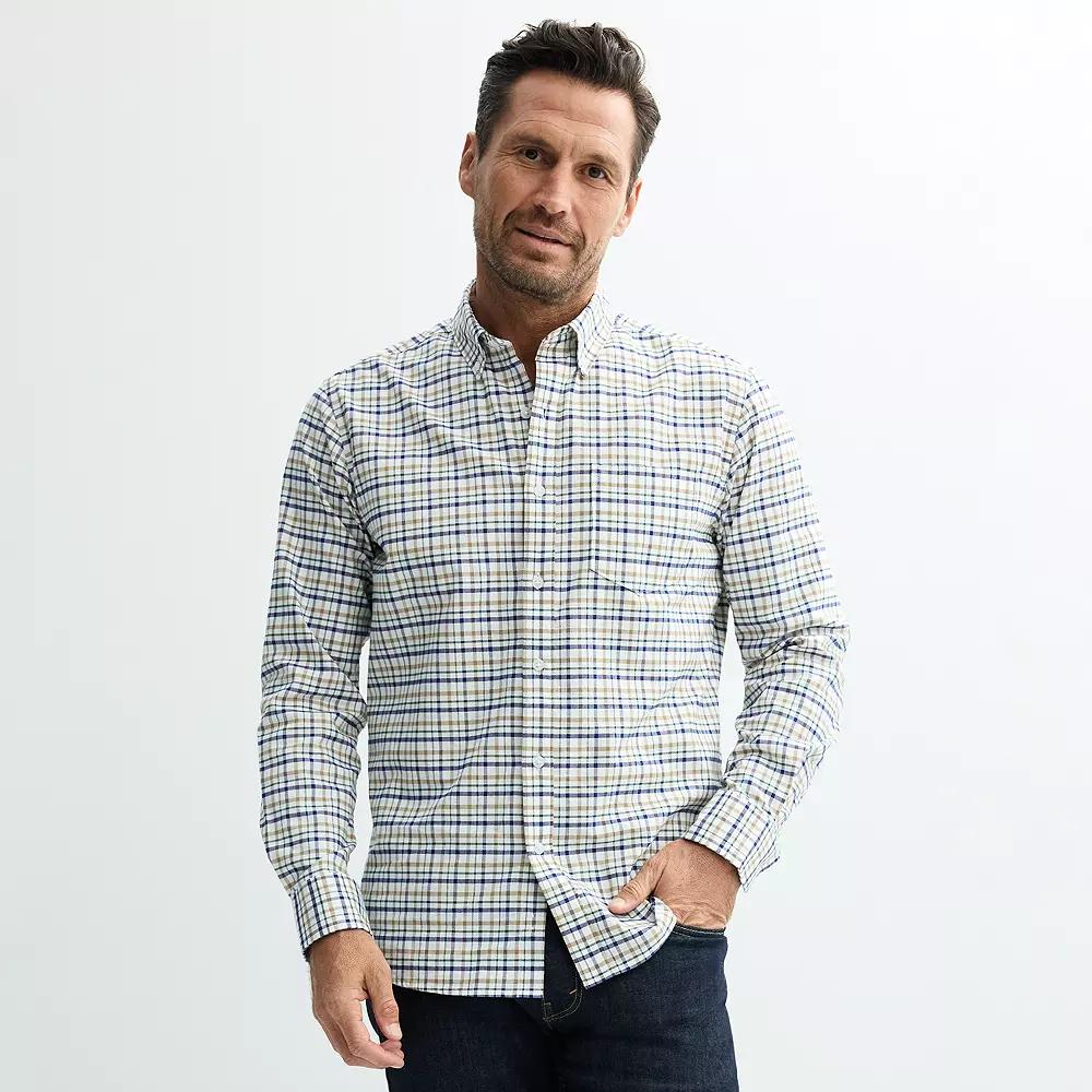 Men's Sonoma Goods For Life® Long Sleeve Perfect Length Button-Down Shirt, Size: Medium, Ivory Navy Plaid Product Image