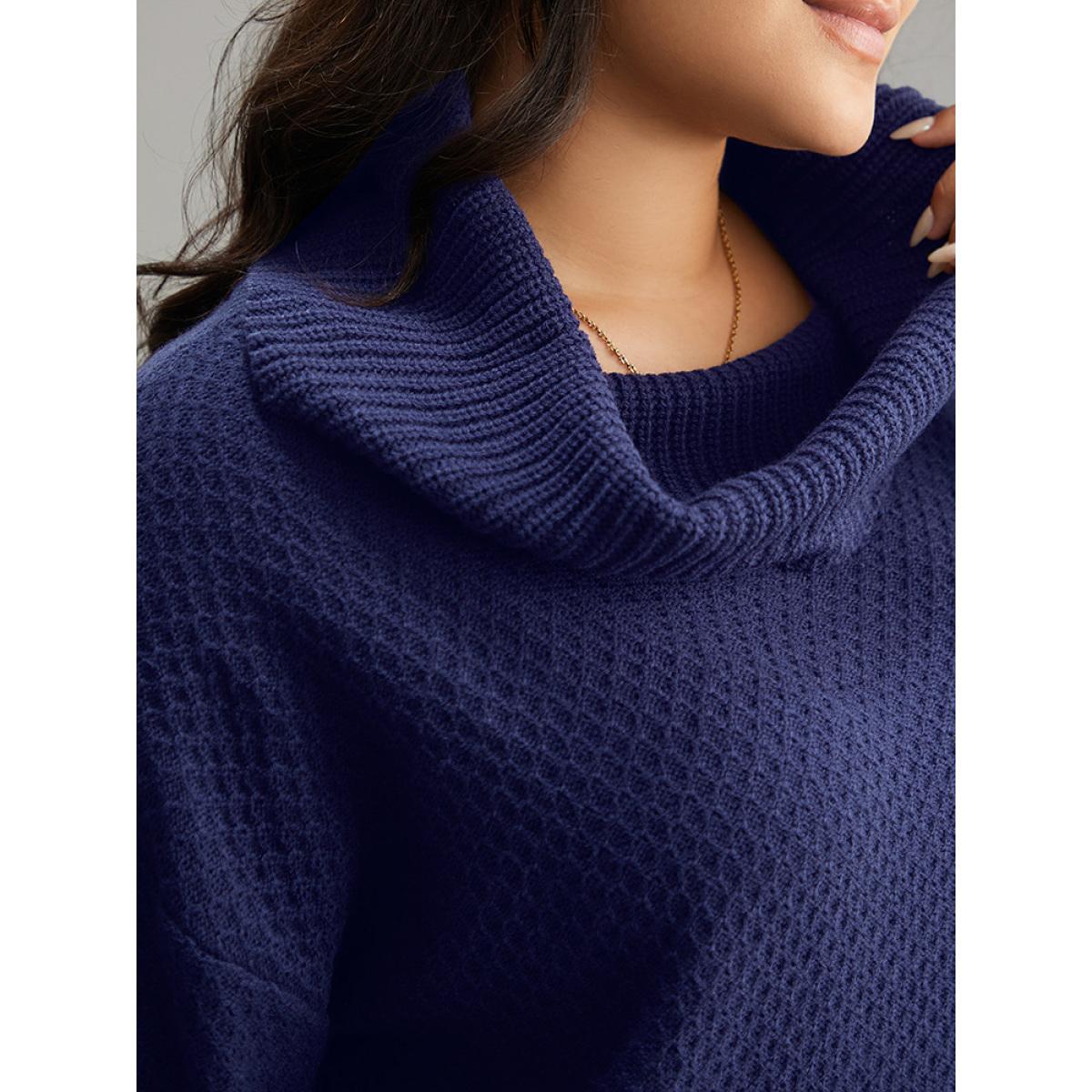 Plus Size Solid Turtle Neck Split Side Pullover DarkBlue Women Casual Loose Long Sleeve Turtleneck Everyday Pullovers BloomChic 12/L Product Image