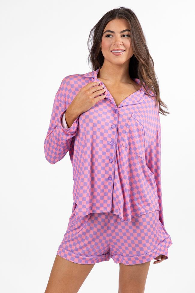 Good To Get Away Light Pink and Lilac Checkered Long Sleeve Pajama Top FINAL SALE Product Image