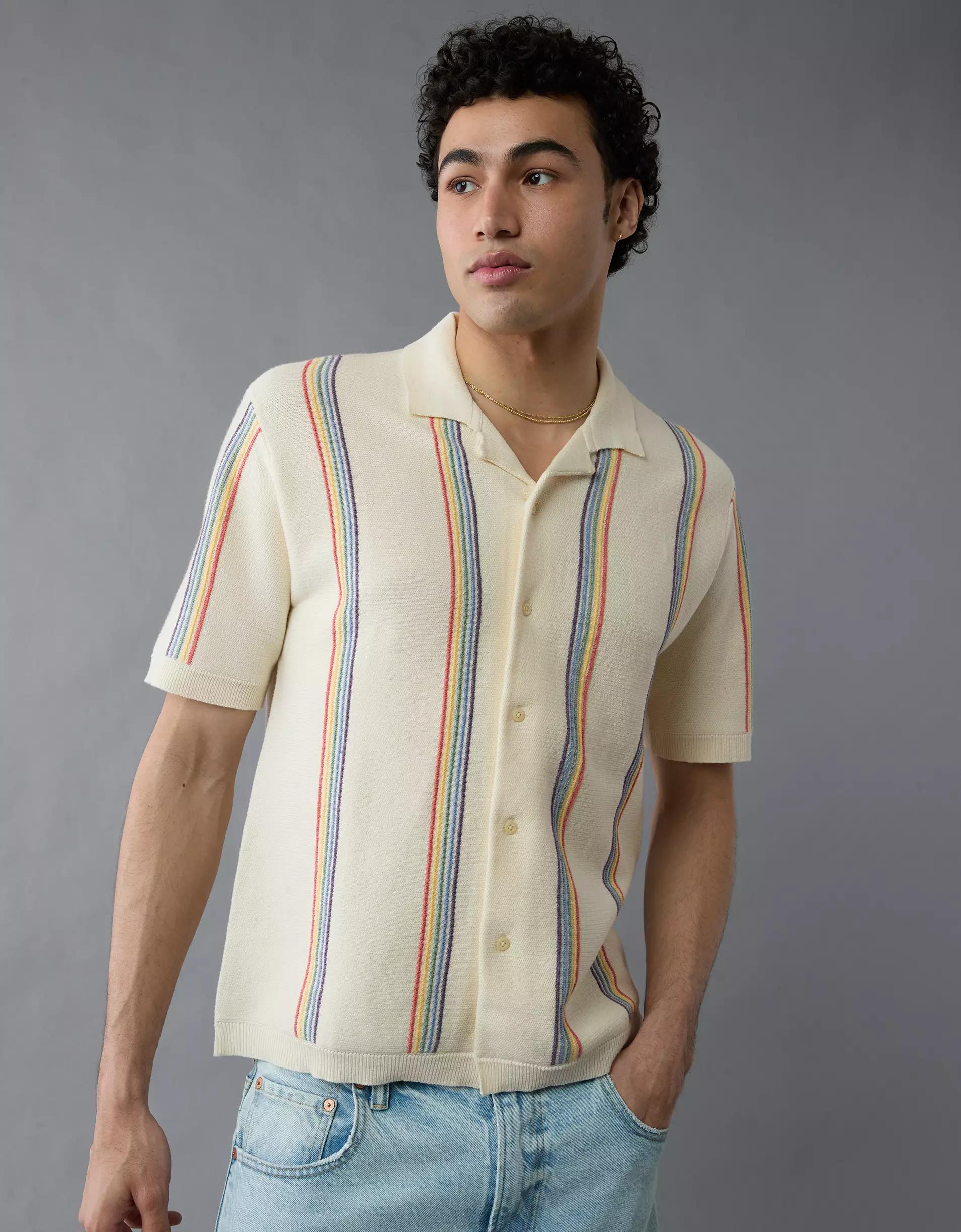 AE Pride Weekend Striped Button-Up Sweater Polo Shirt Product Image