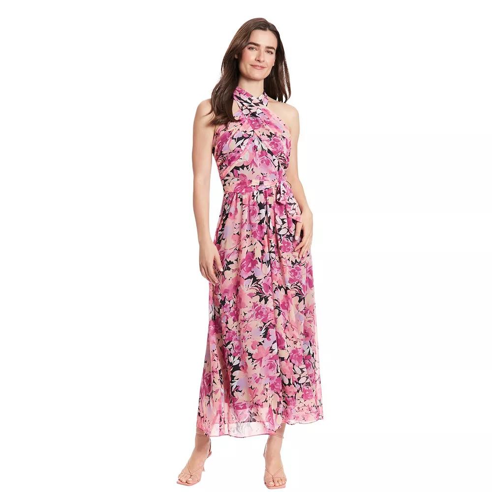 Women's London Times Floral Wrap Halter Maxi Dress, Size: 12, Pink Product Image