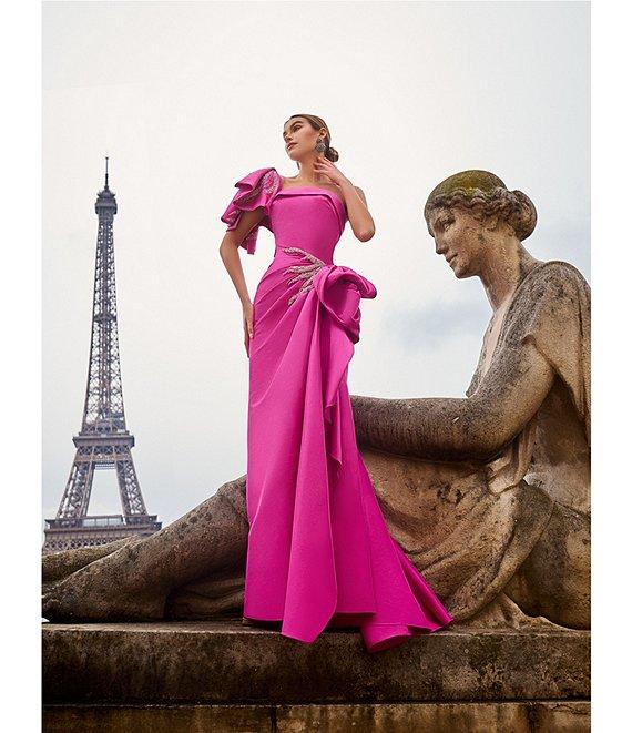 Terani Couture Mikado One Shoulder Ruffle Sleeve Sequin Applique Gathered Side Slit Gown Product Image