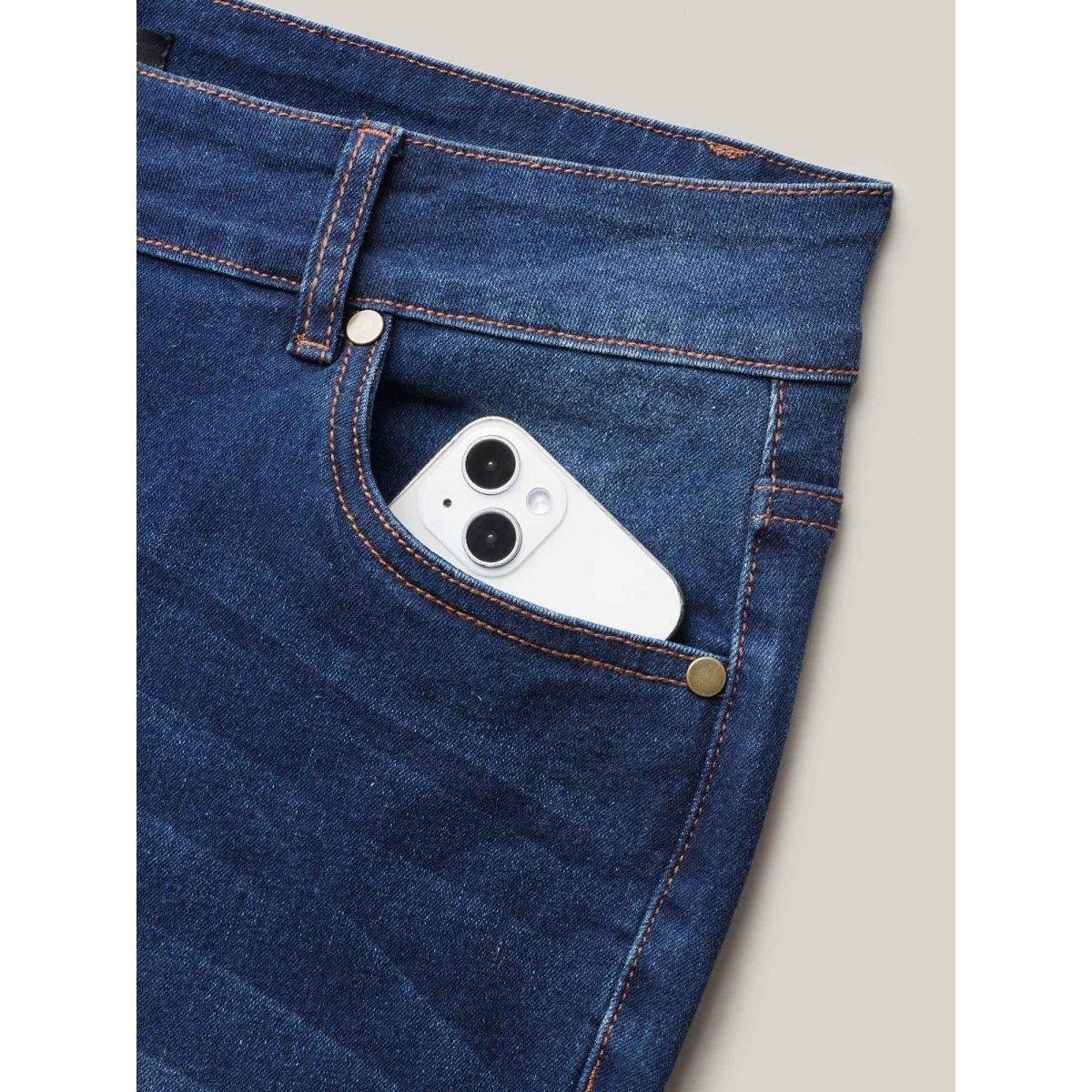 Plus Size Loose Frayed Hem Crop Jeans Women Denimindigo Casual Button Medium stretch Slanted pocket Jeans BloomChic 18/2X Product Image