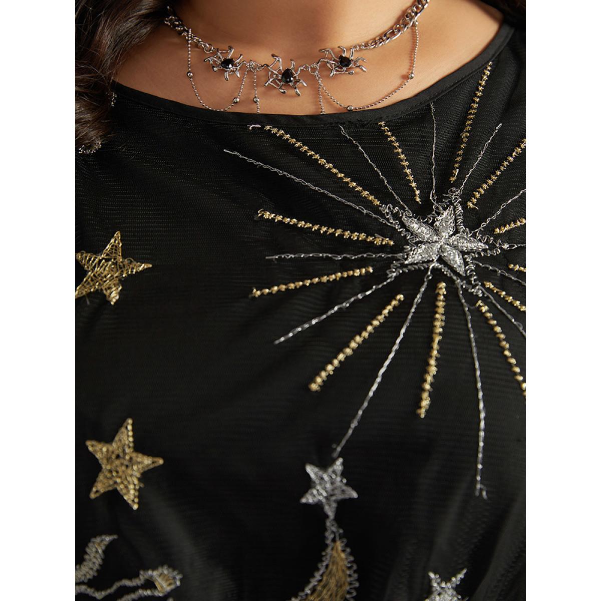 Plus Size Black Halloween Star Elastic Waist Mesh Patchwork Lantern Sleeve Blouses Women Elegant Long Sleeve Round Neck Festival-Halloween Blouses BloomChic 10/M Product Image