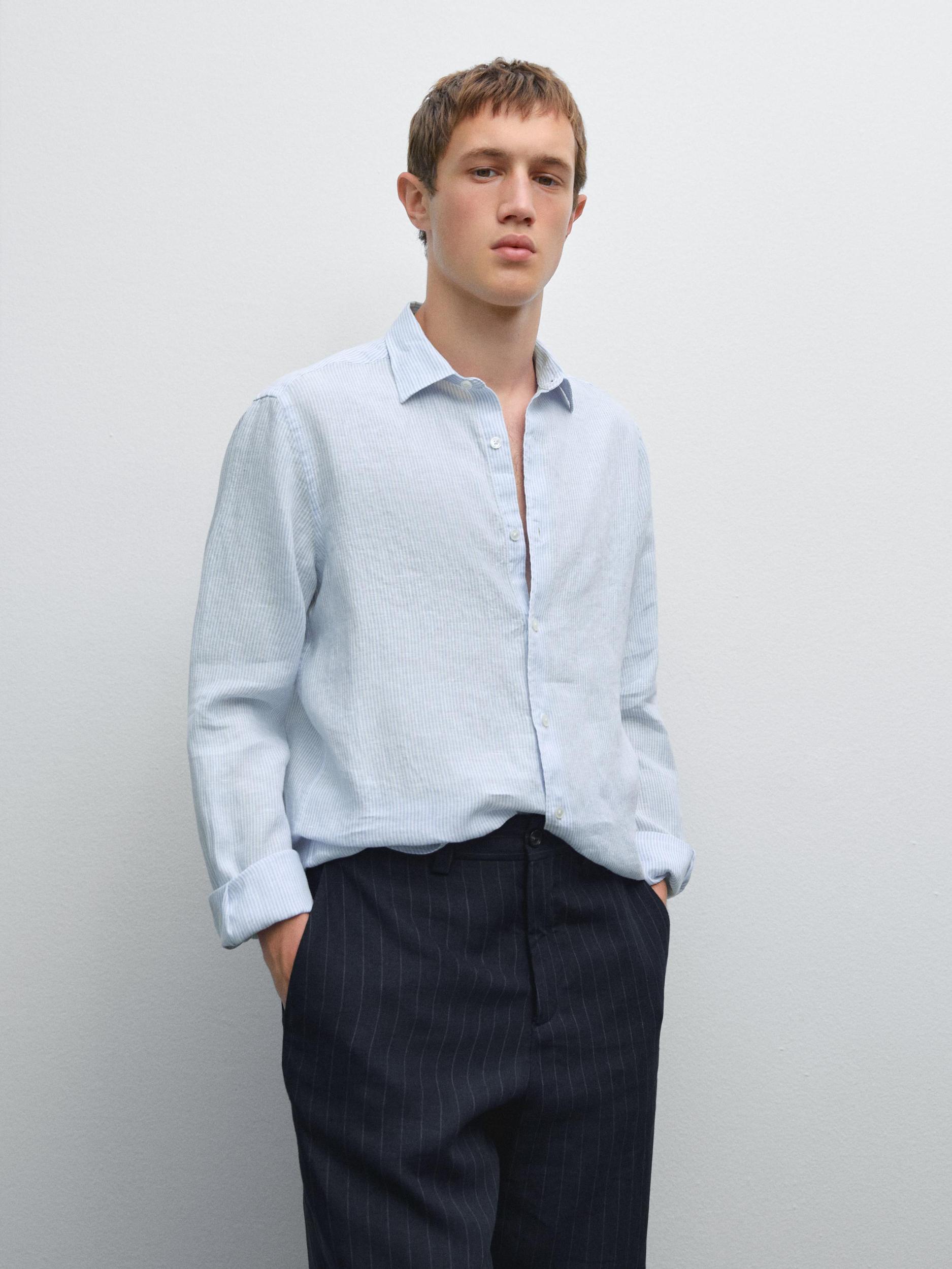 Striped slim fit linen shirt Product Image