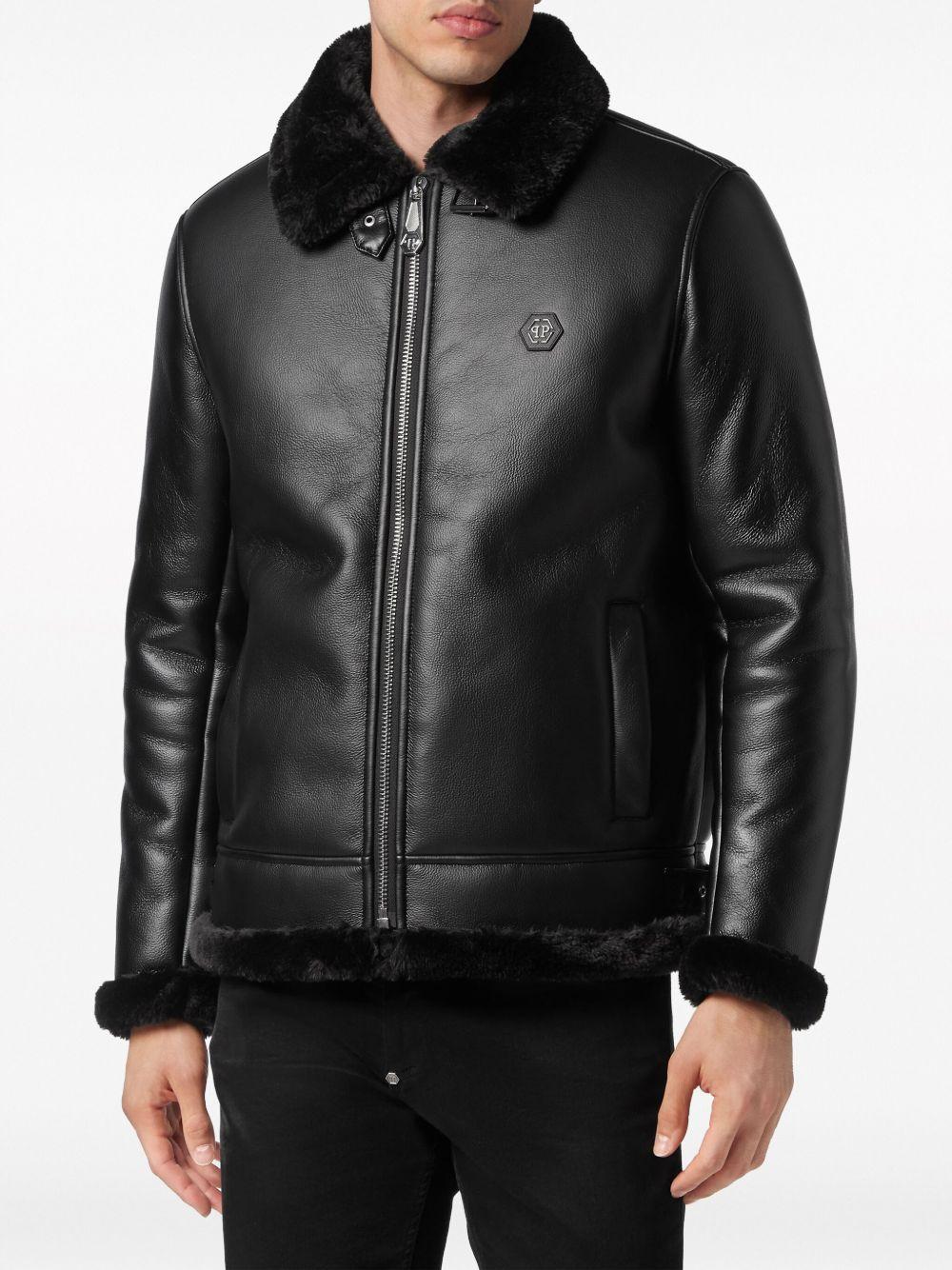 logo-patch faux-leather bomber jacket Product Image
