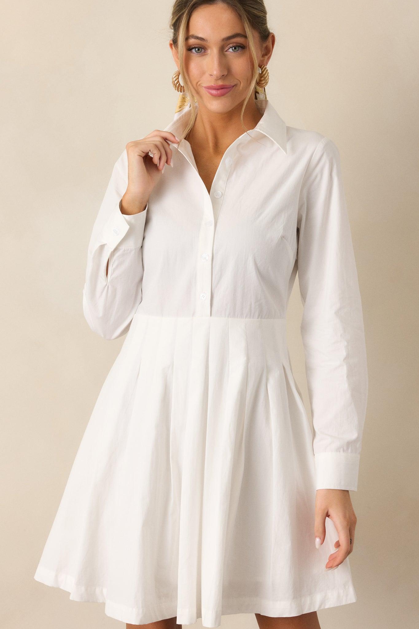 Easy On Me Cotton White Long Sleeve Mini Shirt Dress Product Image