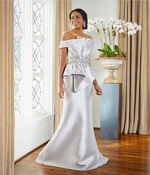 Terani Couture Off-the-Shoulder Pleated Floral Beaded Bodice Mermaid Gown Product Image