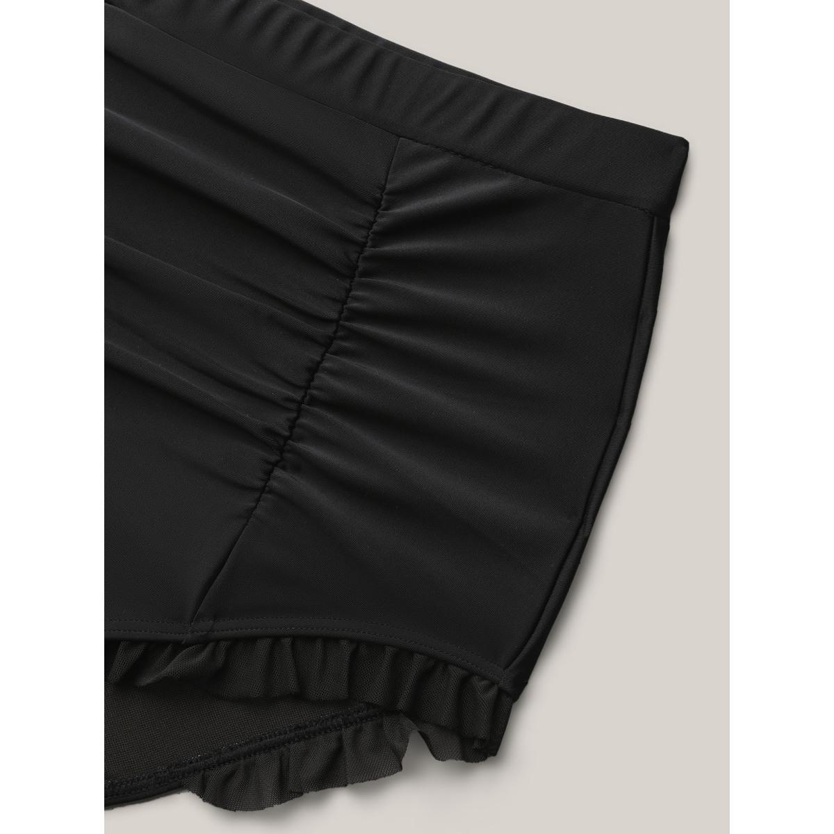Plus Size Ruched Mesh Seamed Ruffle Trim Swim Bottoms Women's Swimwear Black Resort Gathered High stretch Skinny High Rise Curve Swim Bottoms BloomChic 26/4X Product Image