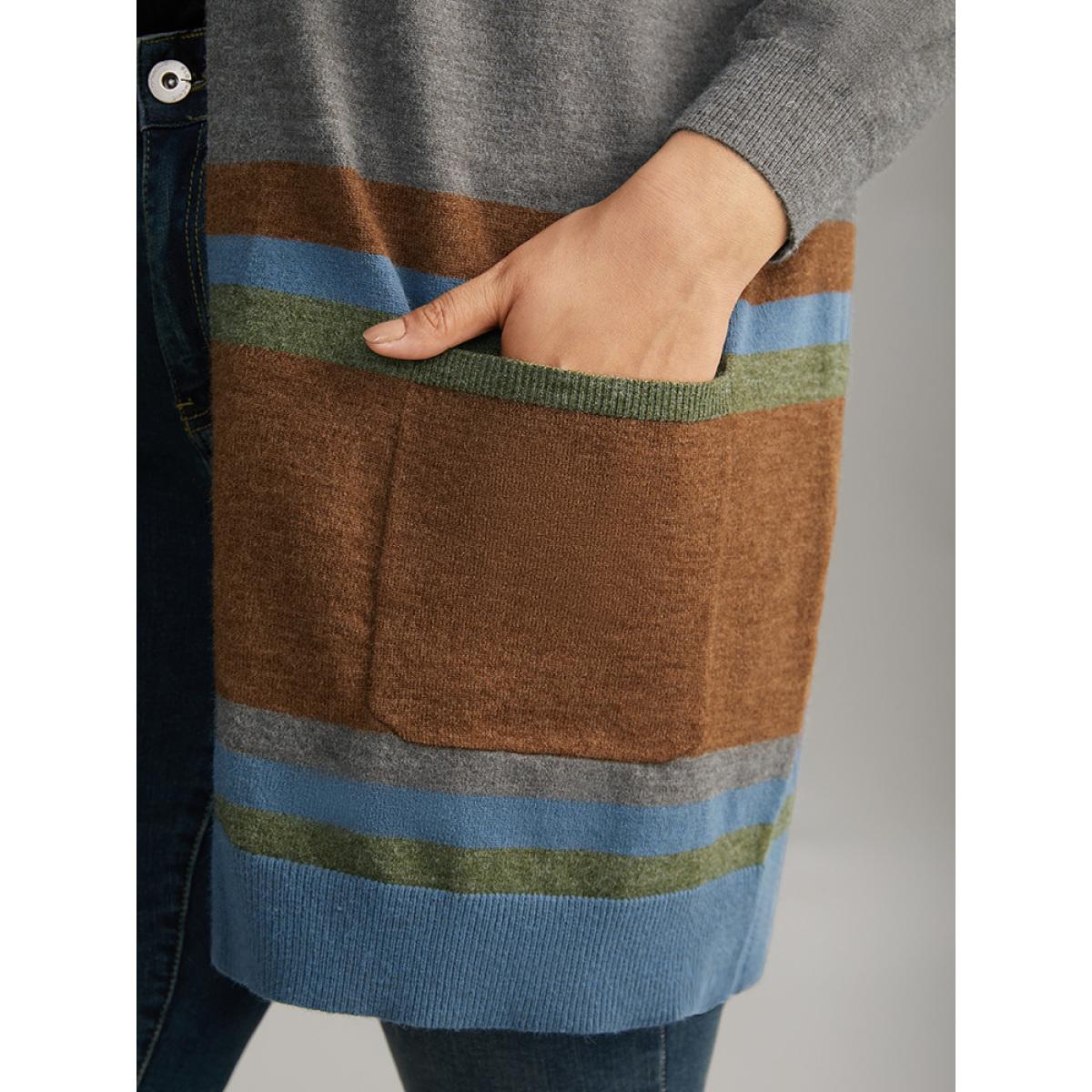 Plus Size Anti-Pilling Colorblock Contrast Open Front Cardigan Multicolor Women Casual Loose Long Sleeve Dailywear Cardigans BloomChic 18-20/2X Product Image