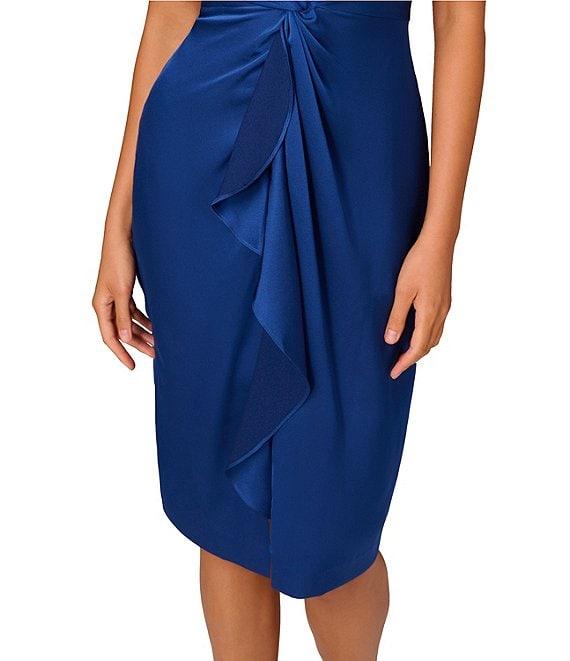 Aidan Mattox Satin Crepe Back Point Collar V-Neck Sleeveless Front Twist Cascade Ruffle Sheath Dress Product Image