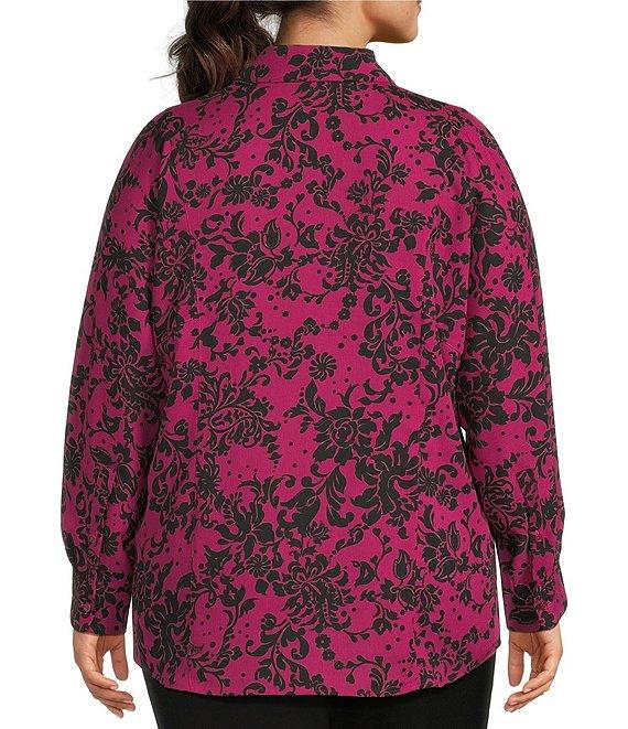 Investments Plus Size Stamped Floral Dolman Long Sleeve Button Front Point Collar Blouse Product Image