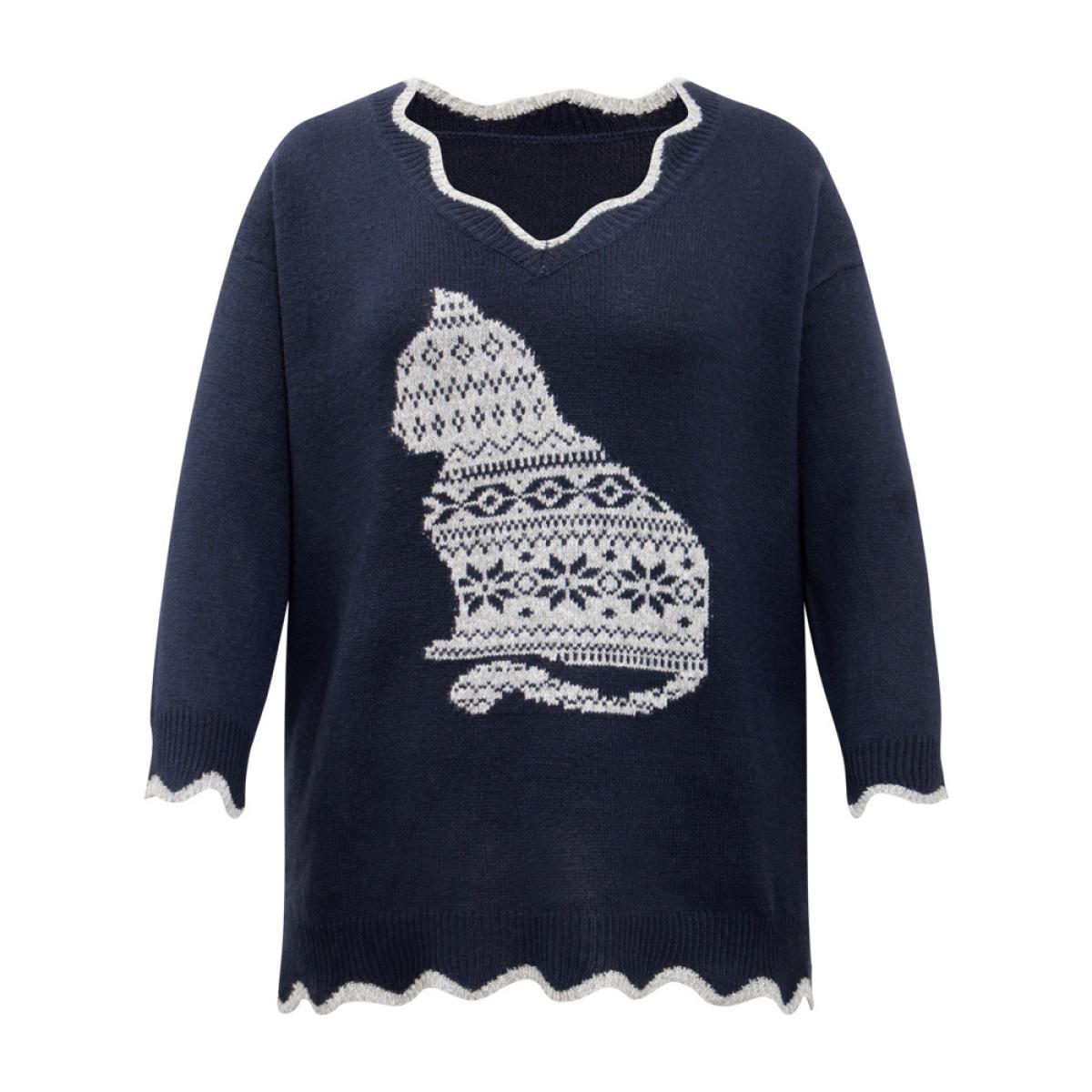 Plus Size Cat Graphic Scalloped Trim Pullover Midnight Women Casual Loose Long Sleeve V-neck Dailywear Pullovers BloomChic 26/4X Product Image