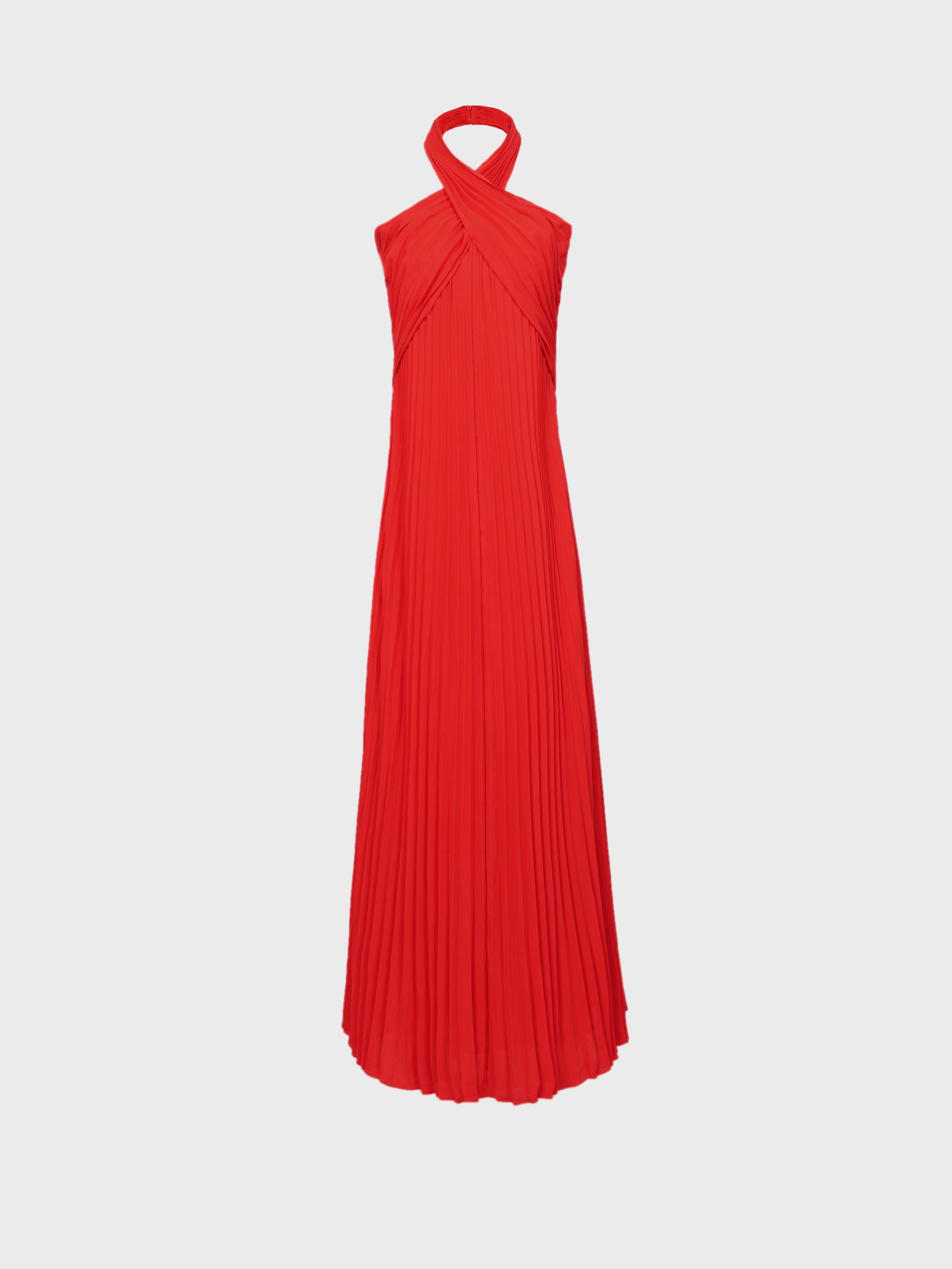 Halter Neck Pleat Midi Dress in Red Product Image