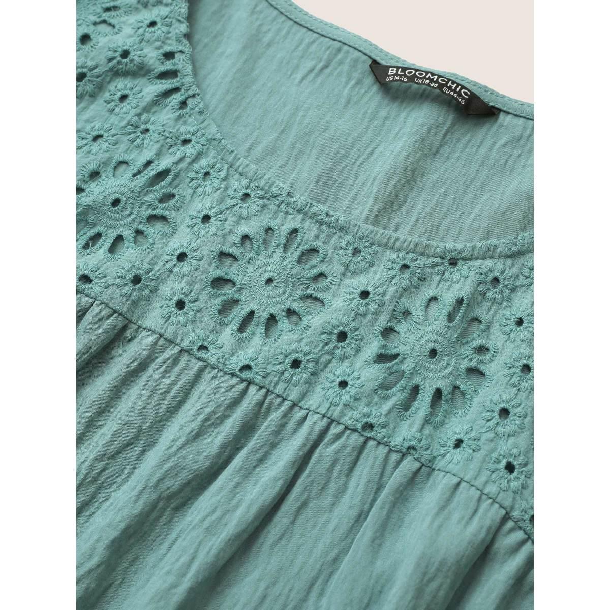 Plus Size Mint Plain Broderie Anglaise Ruffle Sleeve Blouse Women Casual Elbow-length sleeve Round Neck Everyday Blouses BloomChic 18-20/2X Product Image