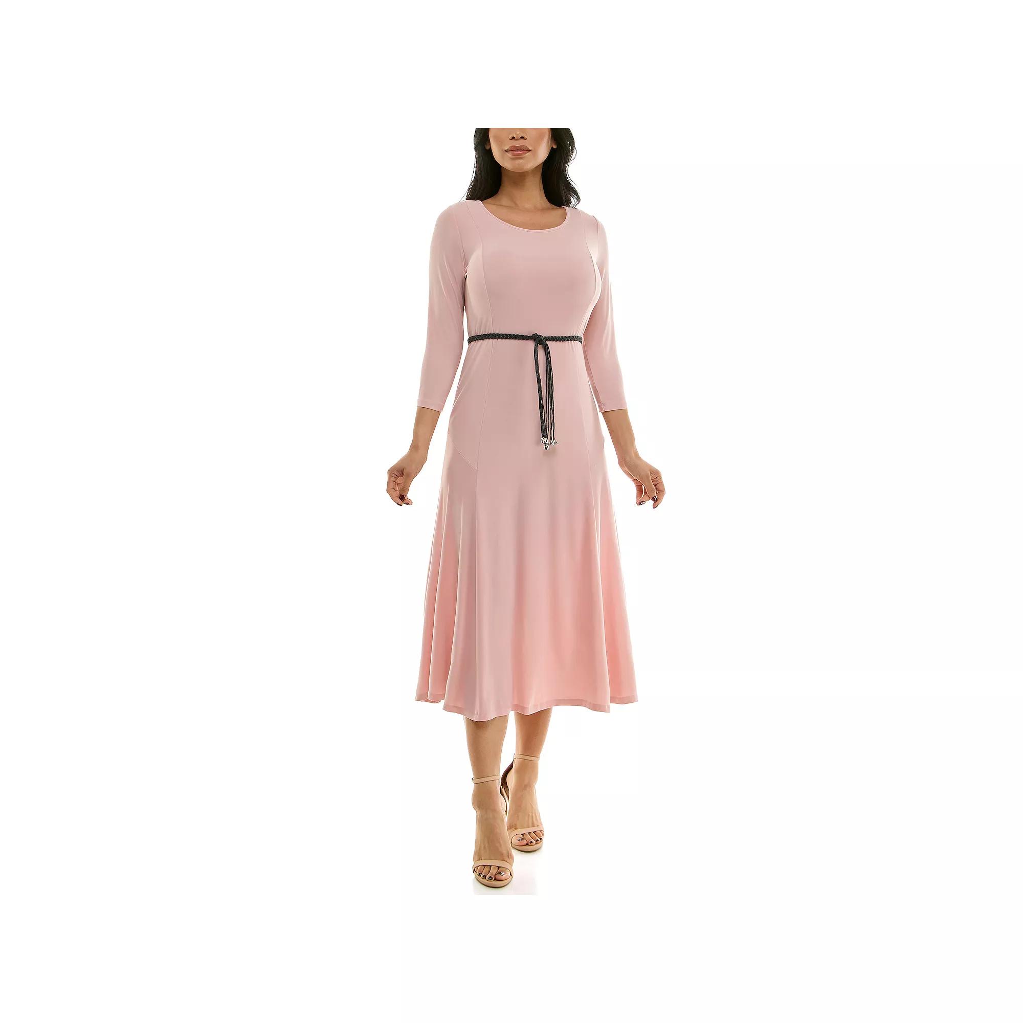 Women's Nina Leonard Sylvia Three-Quarter Sleeve Belted Midi Dress,  Product Image