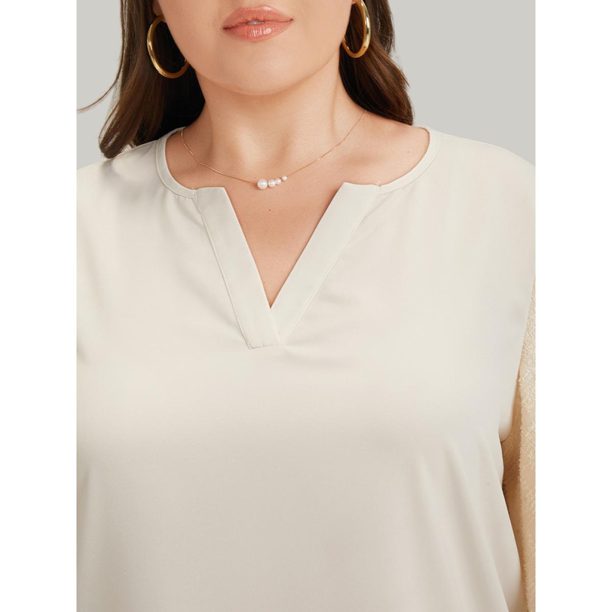 Plus Size Ivory Anti-Wrinkle Solid Patchwork Petal Sleeve Notched Blouse Women Office Half Sleeve Notched collar Work Blouses BloomChic 18-20/2X Product Image