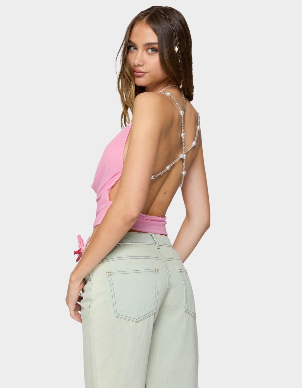 EDIKTED Beaded Deep Cowl Neck Backless Top - PINK Product Image