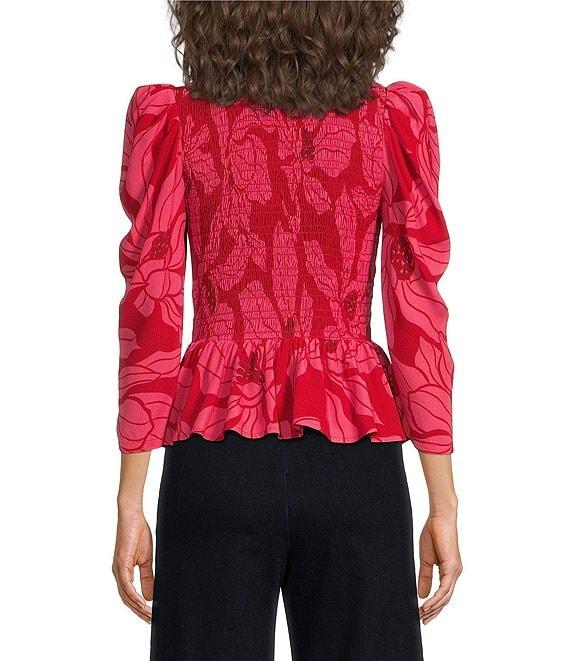COREY LYNN CALTER Zadie Crepe Round Neck 3/4 Puff Sleeve Smocked Peplum Top Product Image