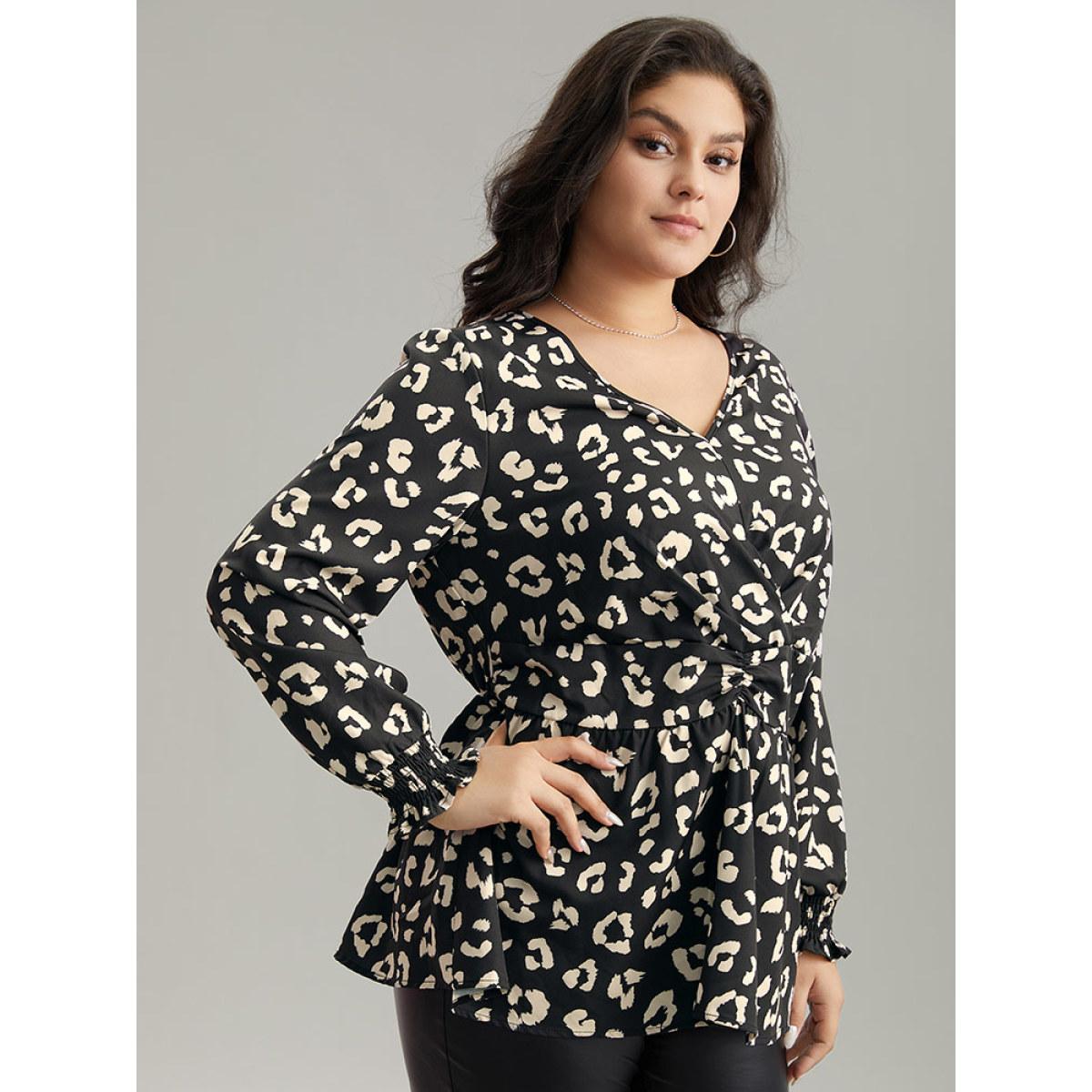 Plus Size Black Leopard Print Crossover Ruched Shirred Blouse Women Elegant Long Sleeve V-neck Dailywear Blouses BloomChic 10/M Product Image