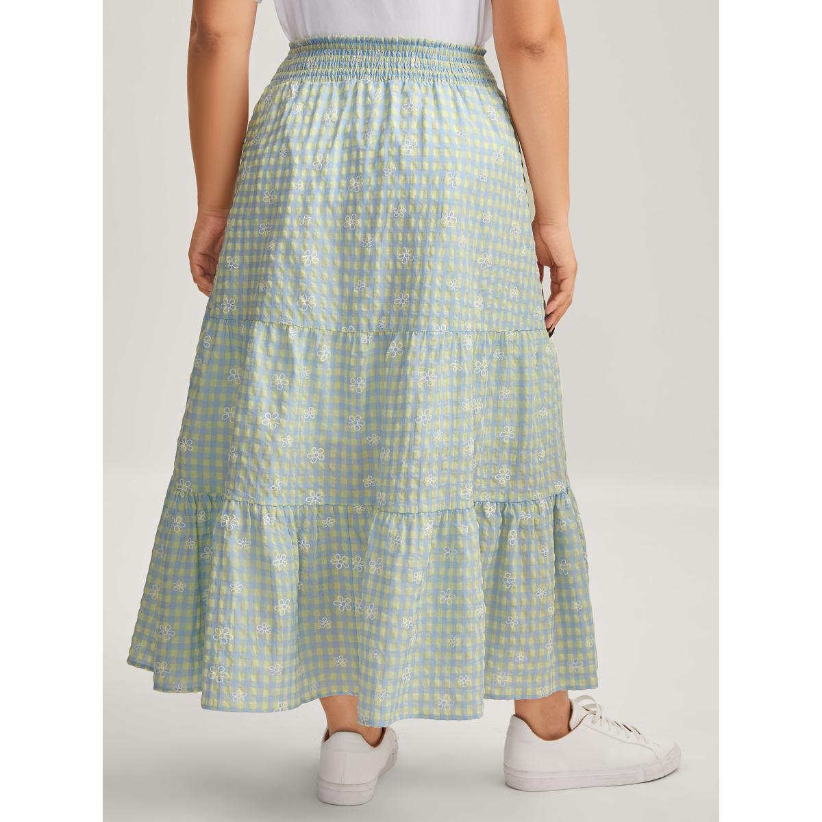 Plus Size Plaid Floral Shirred Waist Maxi Skirt Women LightBlue Loose No stretch Side seam pocket Elegant Skirts BloomChic 14-16/1X Product Image