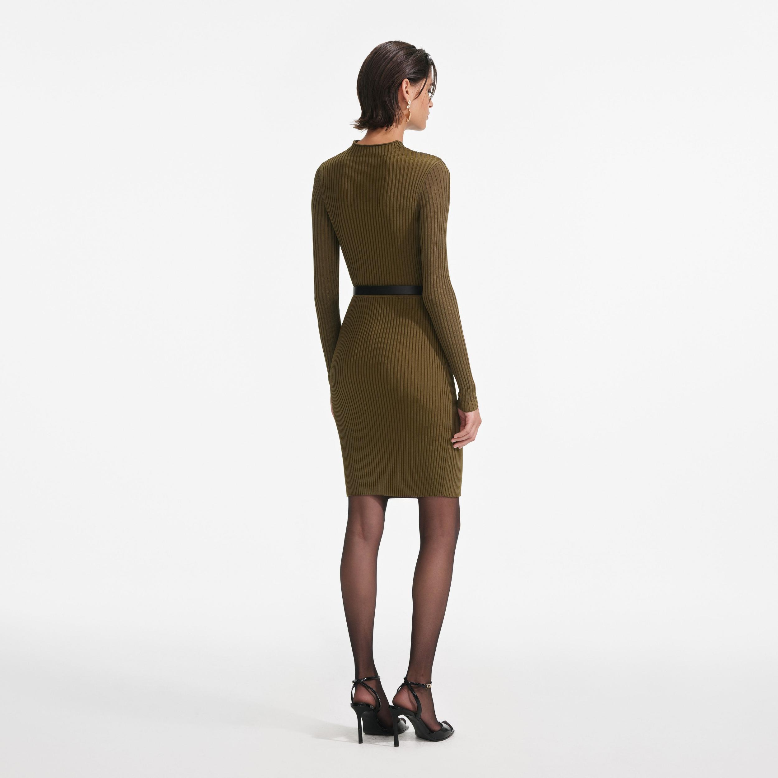 Khaki Cut Out Rib Knit Mini Dress Product Image