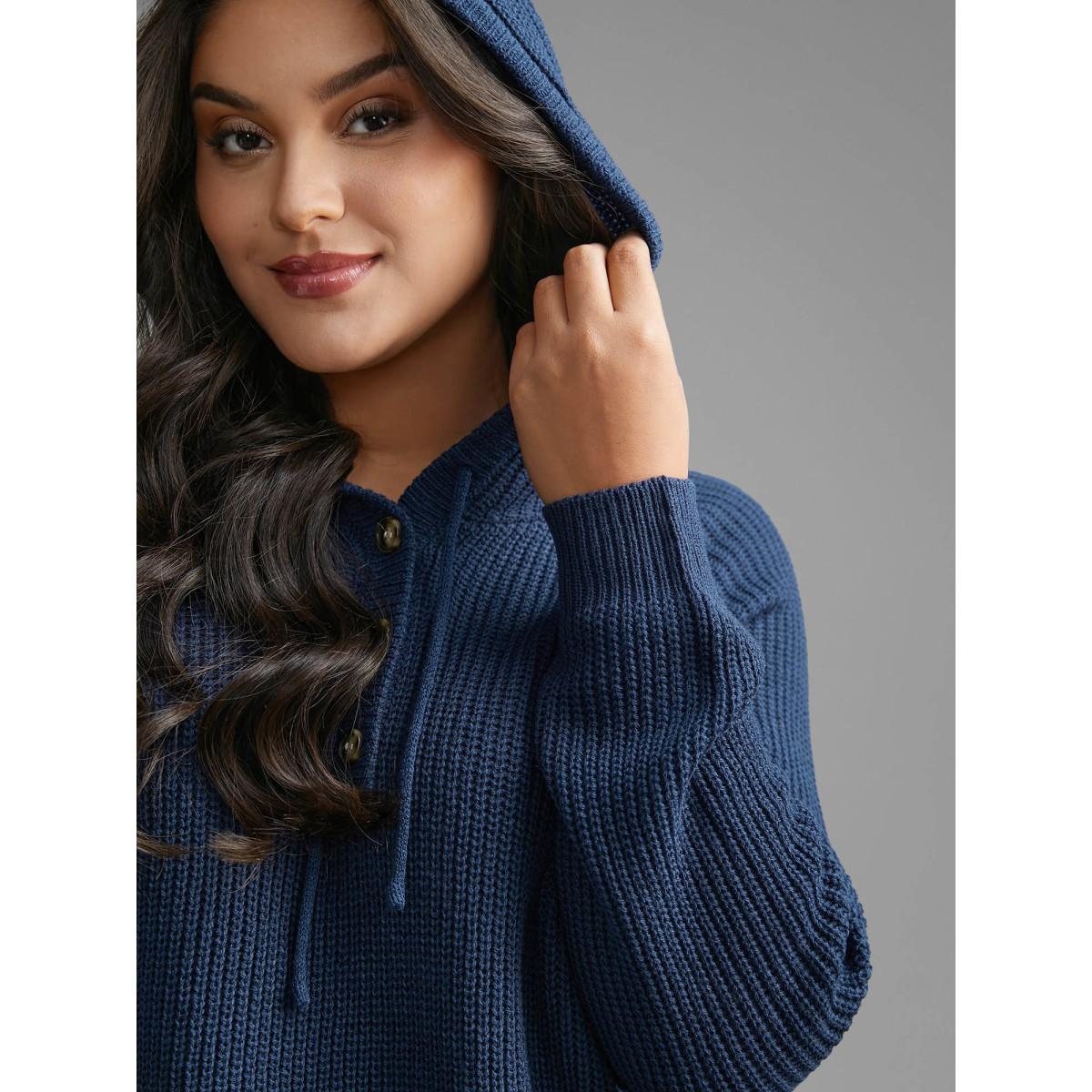 Plus Size Plain Button Up Hooded Pullover Indigo Women Casual Loose Long Sleeve Hooded Everyday Pullovers BloomChic 10/M Product Image