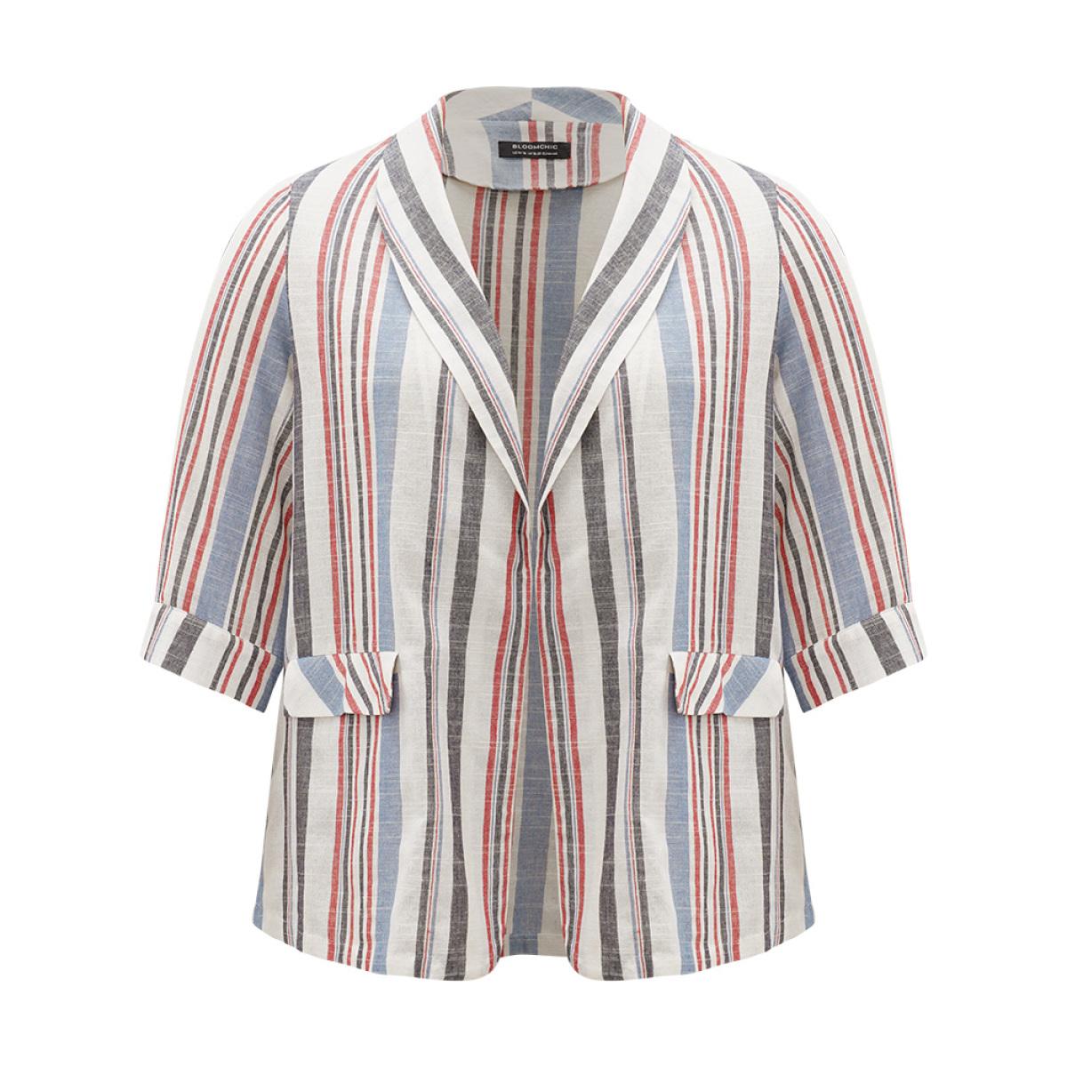 Plus Size Striped Lapel Collar Pocket Open Front Blazer DarkBlue Women Dailywear Striped Pocket Sleeve Elbow-length sleeve Lapel Collar 22-24/3X Pocket Casual Blazers BloomChic Product Image