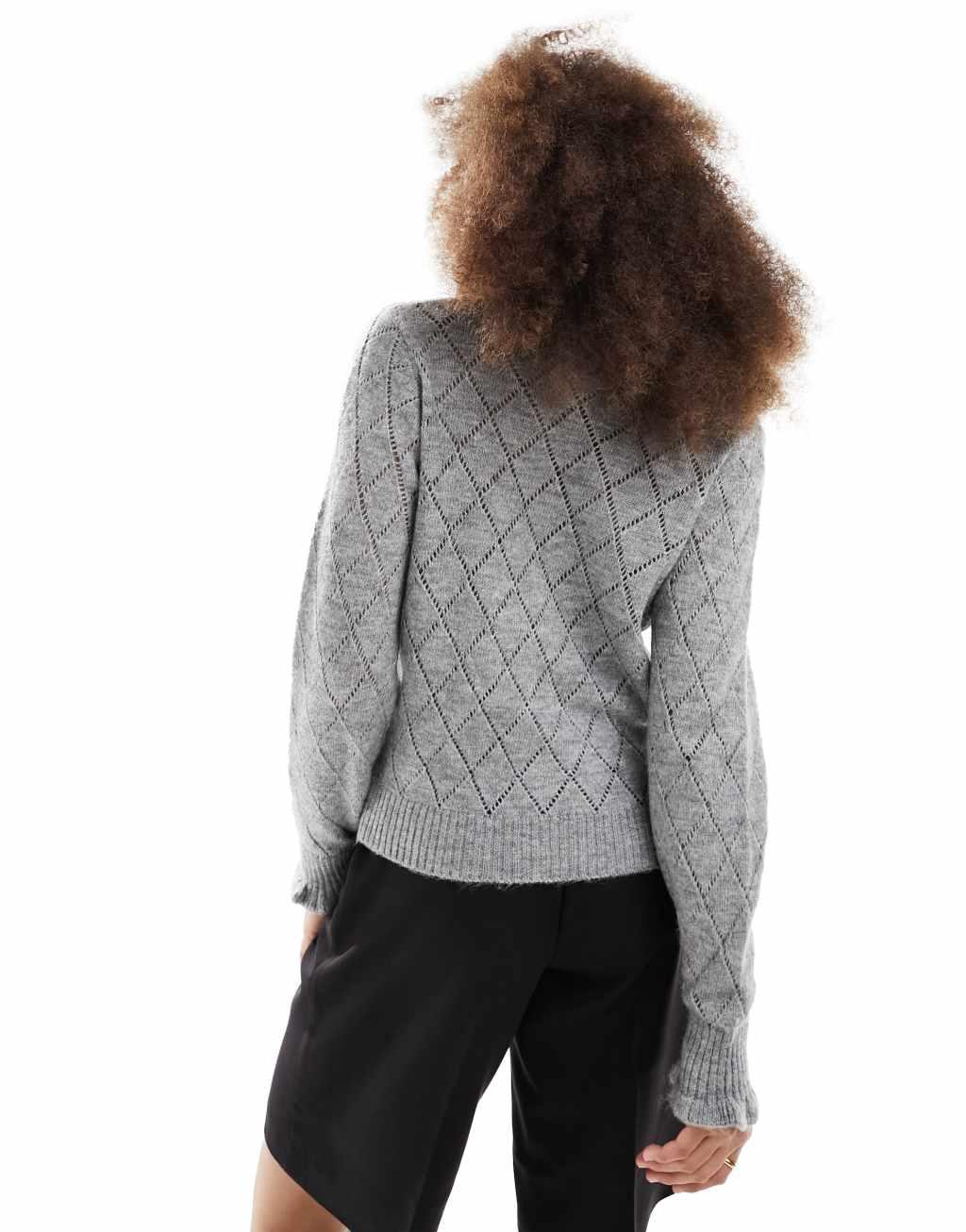JDY diamond knit cardigan with lettuce sleeve in gray melange Product Image