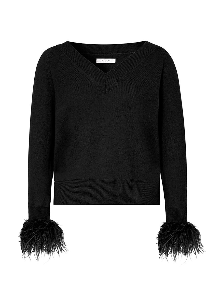 Womens Feather-Embellished V-Neck Sweater Product Image
