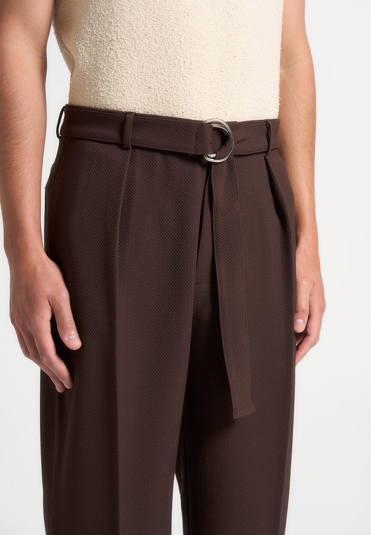 Louis - Relaxed Fit Textured Belted Tailored Trousers - Brown Male Product Image