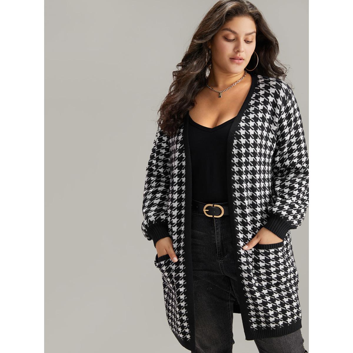 Plus Size Supersoft Essentials Houndstooth Pocket Elastic Cuffs Cardigan Black Women Casual Loose Long Sleeve Dailywear Cardigans BloomChic 14-16/1X Product Image