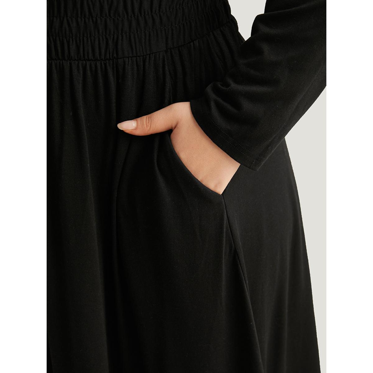 Plus Size Supersoft Essentials Solid Pocket Zipper Shirre Dress Black Women Basics Plain V-neck Long Sleeve Curvy Midi Dress BloomChic 10/M Product Image