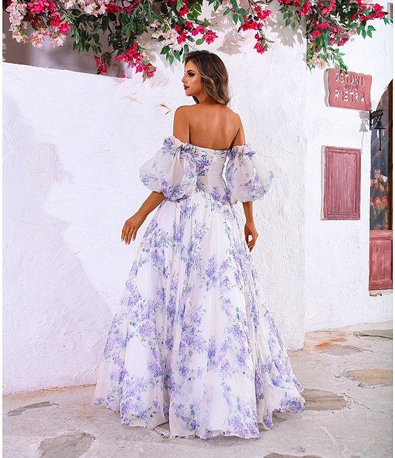 Terani Couture Off-The-Shoulder Puff Sleeve Floral Print Organza Ballgown Product Image
