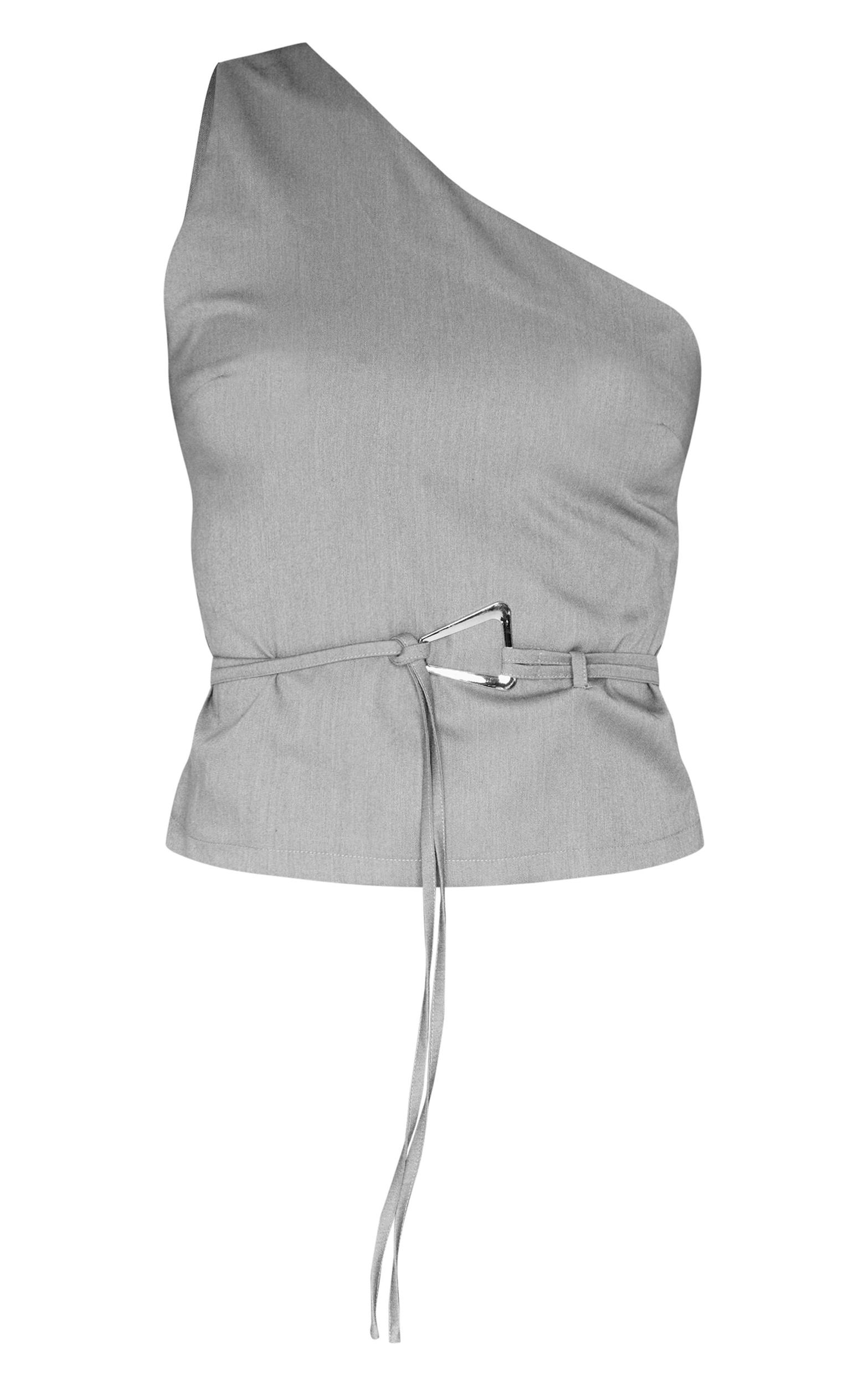 Grey One Shoulder Belt Buckle Detail Long Top Product Image