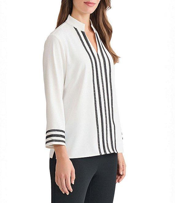 Ming Wang Ribbon Trim Crepe De Chine Mandarin V-Neck Bracelet Sleeve Blouse Product Image