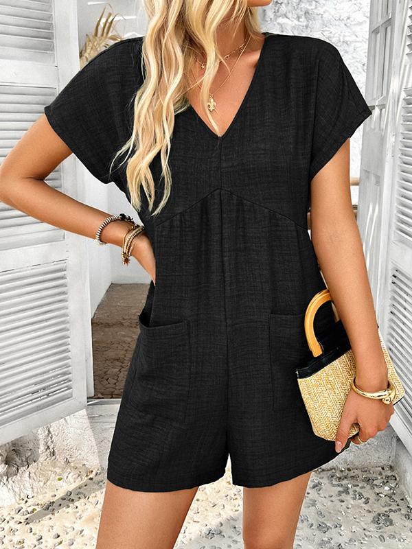 High Waisted Loose Backless Pockets Solid Color V-Neck Rompers Product Image