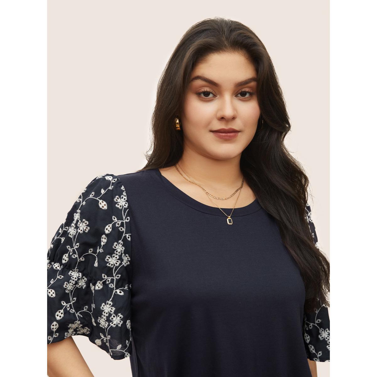 Plus Size Ditsy Floral Patchwork Broderie Anglaise T-shirt Midnight Women Elegant Patchwork Ditsy Floral Round Neck Everyday T-shirts BloomChic 14-16/1X Product Image