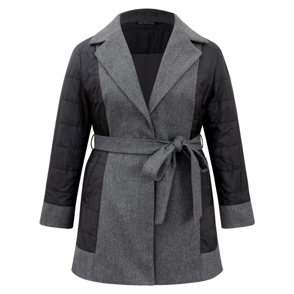 Plus Size Padded Patchwork Tweed Belted Lapel Collar Coat Women DimGray At the Office Lined Ladies Office Winter Coats BloomChic 10/M Product Image