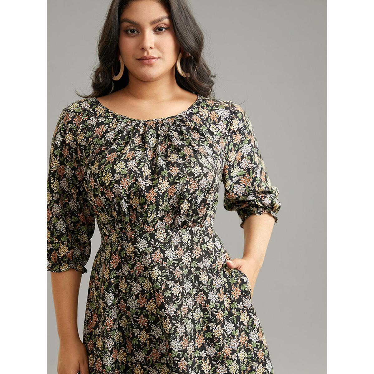 Plus Size Ditsy Floral Elastic Waist Pleated Dress Multicolor Women Vacation Printed Round Neck Elbow-length sleeve Curvy Midi Dress BloomChic 22-24/3X Product Image