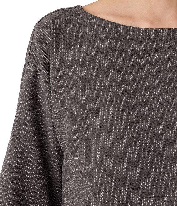 Eileen Fisher Organic Cotton Blend Yarn-Dyed Stripe Boat Neck 3/4 Sleeve Box Top Product Image
